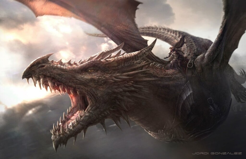 Ilustração de Aegon I montado em Balerion