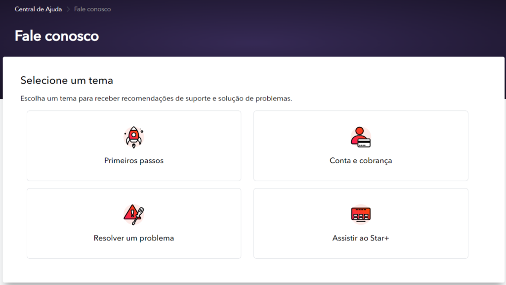 Página do suporte do Star+