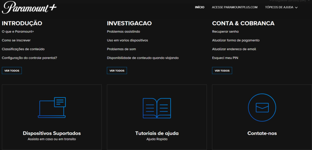 Página de suporte do Paramount+