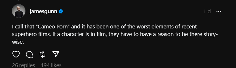 Publicação de James Gunn no Threads
